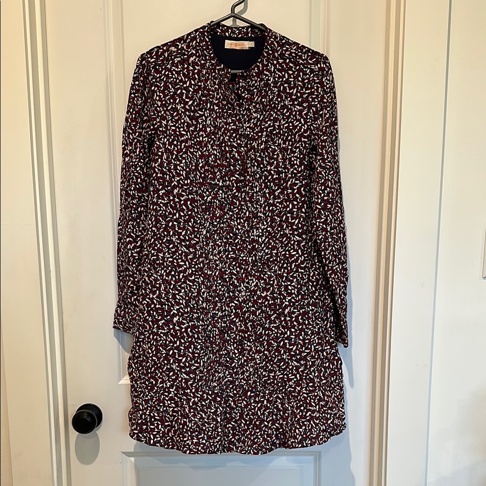 Tory Burch Long Sleeve Dress in Burgundy and White